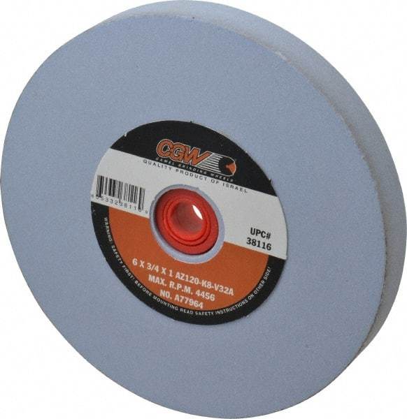 Camel Grinding Wheels - 120 Grit Aluminum Oxide Bench & Pedestal Grinding Wheel - 6" Diam x 1" Hole x 3/4" Thick, 4456 Max RPM, K Hardness, Fine Grade , Vitrified Bond - Exact Industrial Supply