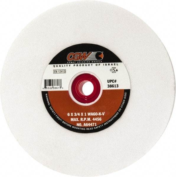 Camel Grinding Wheels - 60 Grit Aluminum Oxide Bench & Pedestal Grinding Wheel - 6" Diam x 1" Hole x 3/4" Thick, 4456 Max RPM, K Hardness, Medium Grade , Vitrified Bond - Exact Industrial Supply
