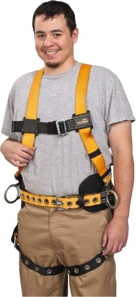 Miller - 400 Lb Capacity, Size Universal, Full Body Construction Safety Harness - Polyester, Side D-Ring, Tongue Leg Strap, Mating Chest Strap, Yellow/Black - Exact Industrial Supply