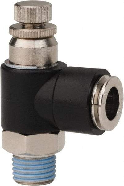 PRO-SOURCE - 1/4" NPT x 3/8" Tube OD Right Angle Flow Control Valve - 0 to 113.76 psi & Techno Polymer, Brass, Steel Material - Exact Industrial Supply