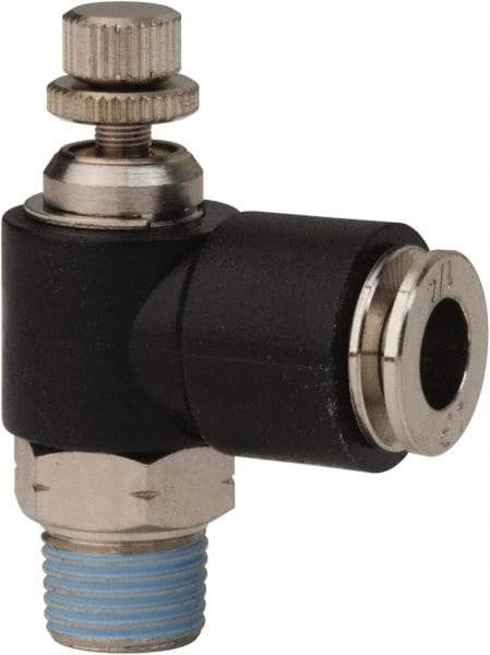 PRO-SOURCE - 1/8" NPT x 1/4" Tube OD Right Angle Flow Control Valve - 0 to 113.76 psi & Techno Polymer, Brass, Steel Material - Exact Industrial Supply