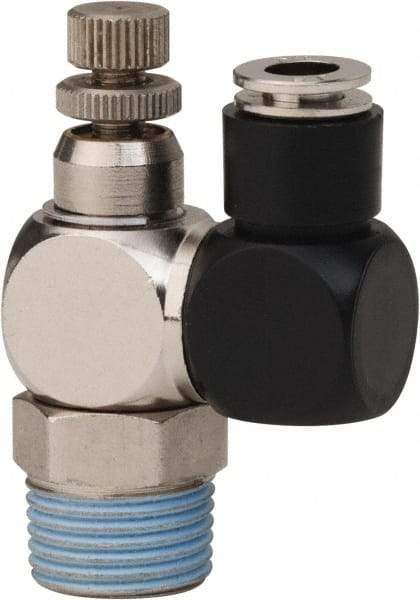 PRO-SOURCE - 3/8" Male NPT x 1/4" Tube OD Flow Control Offset Inline Valve - 0 to 113.76 psi & Techno Polymer, Brass, Steel Material - Exact Industrial Supply