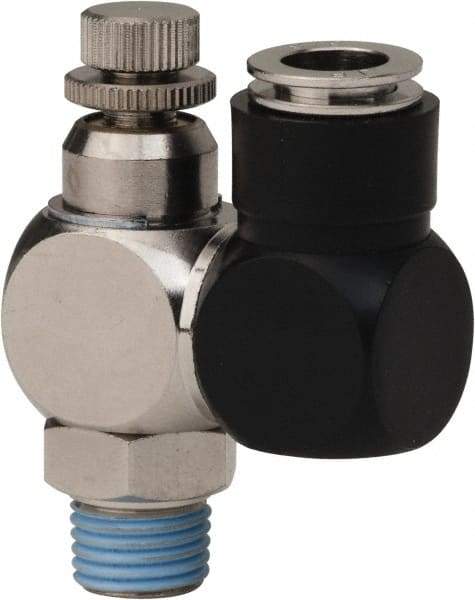 Value Collection - 1/4" Male NPT x 3/8" Tube OD Flow Control Offset Inline Valve - 0 to 113.76 psi & Techno Polymer, Brass, Steel Material - Exact Industrial Supply