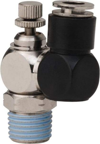 PRO-SOURCE - 1/4" Male NPT x 1/4" Tube OD Flow Control Offset Inline Valve - 0 to 113.76 psi & Techno Polymer, Brass, Steel Material - Exact Industrial Supply