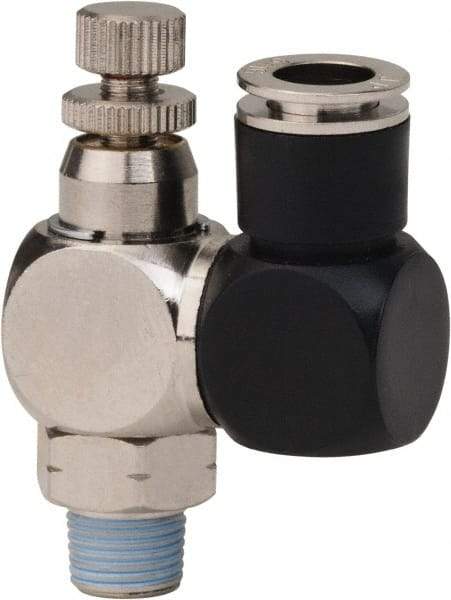 Value Collection - 1/8" Male NPT x 5/16" Tube OD Flow Control Offset Inline Valve - 0 to 113.76 psi & Techno Polymer, Brass, Steel Material - Exact Industrial Supply