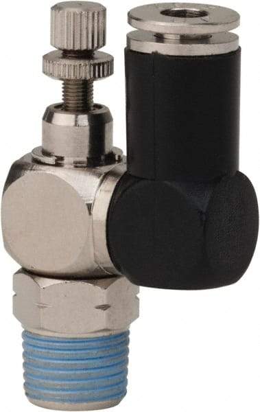 Value Collection - 1/8" Male NPT x 5/32" Tube OD Flow Control Offset Inline Valve - 0 to 113.76 psi & Techno Polymer, Brass, Steel Material - Exact Industrial Supply