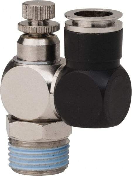 PRO-SOURCE - 1/2" Male NPT x 1/2" Tube OD Flow Control Offset Inline Valve - 0 to 113.76 psi & Techno Polymer, Brass, Steel Material - Exact Industrial Supply