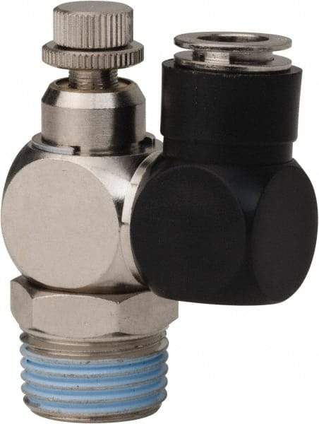 Value Collection - 1/2" Male NPT x 3/8" Tube OD Flow Control Offset Inline Valve - 0 to 113.76 psi & Techno Polymer, Brass, Steel Material - Exact Industrial Supply