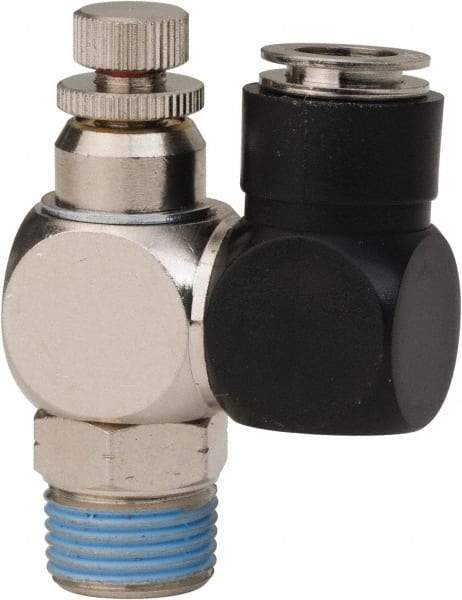 PRO-SOURCE - 3/8" Male NPT x 3/8" Tube OD Flow Control Offset Inline Valve - 0 to 113.76 psi & Techno Polymer, Brass, Steel Material - Exact Industrial Supply