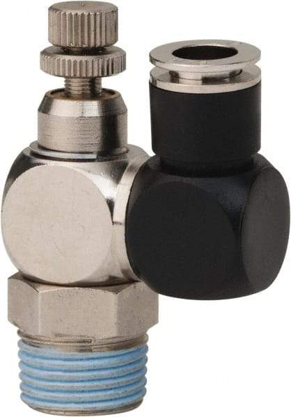 Value Collection - 3/8" Male NPT x 5/16" Tube OD Flow Control Offset Inline Valve - 0 to 113.76 psi & Techno Polymer, Brass, Steel Material - Exact Industrial Supply