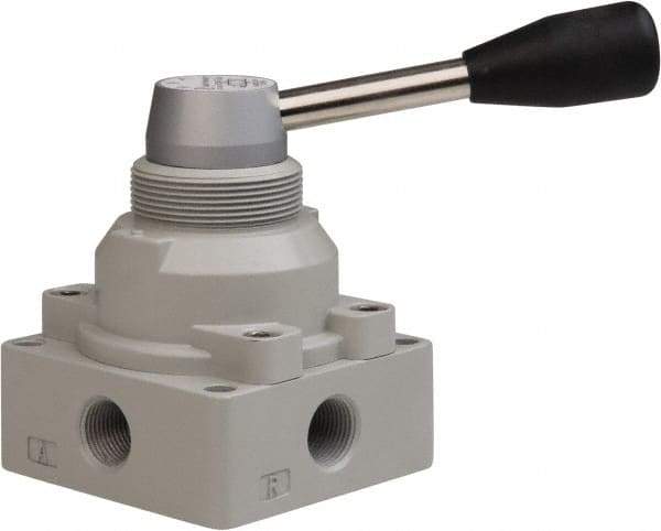 PRO-SOURCE - 3/8" NPT Manual Mechanical Valve - 4-Way, 3 Position, Lever, 0.98 CV Rate & 127.98 Max psi - Exact Industrial Supply