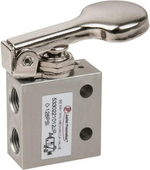 PRO-SOURCE - 1/8" NPT 3 Way, 2 Position Mini Mechanical Valve - 0.298 CV Rate, 7 CFM, 127.98 Max psi, Finger Button/Spring Actuator - Exact Industrial Supply