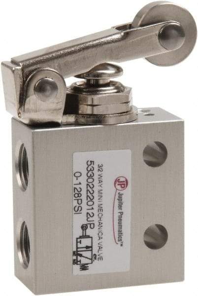 Value Collection - 1/8" NPT 3 Way, 2 Position Mini Mechanical Valve - 0.298 CV Rate, 7 CFM, 127.98 Max psi, Roller Lever/Spring Actuator - Exact Industrial Supply