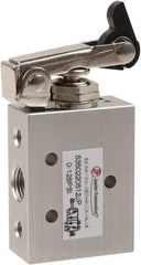 Value Collection - 1/8" NPT 5 Way, 2 Position Mini Mechanical Valve - 0.34 CV Rate, 9 CFM, 127.98 Max psi, One Way Roller/Spring Actuator - Exact Industrial Supply