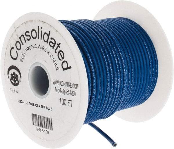 Made in USA - 16 AWG, 26 Strand, 100' OAL, Tinned Copper Hook Up Wire - Blue PVC Jacket, 0.117" Diam - Exact Industrial Supply
