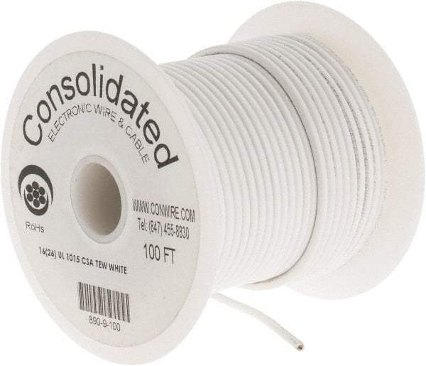 Made in USA - 16 AWG, 26 Strand, 100' OAL, Tinned Copper Hook Up Wire - White PVC Jacket, 0.117" Diam - Exact Industrial Supply