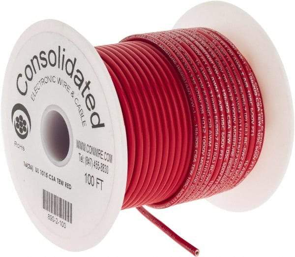 Made in USA - 16 AWG, 26 Strand, 100' OAL, Tinned Copper Hook Up Wire - Red PVC Jacket, 0.117" Diam - Exact Industrial Supply