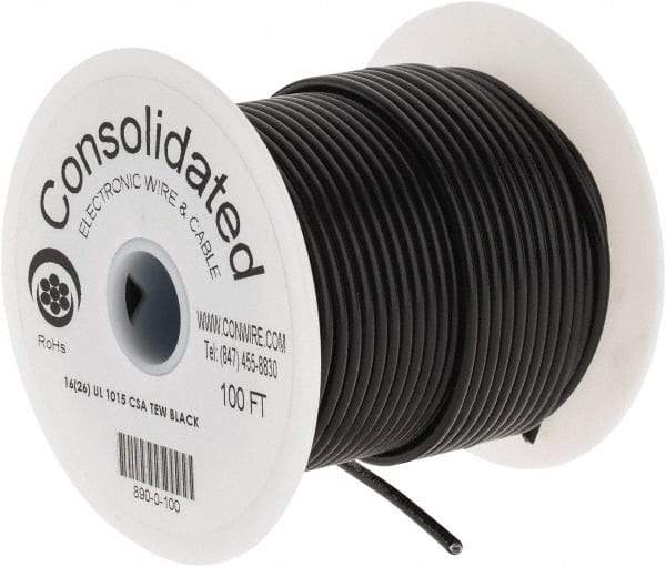 Made in USA - 16 AWG, 26 Strand, 100' OAL, Tinned Copper Hook Up Wire - Black PVC Jacket, 0.117" Diam - Exact Industrial Supply