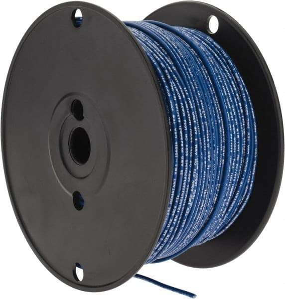 Made in USA - 18 AWG, 16 Strand, 500' OAL, Tinned Copper Hook Up Wire - Blue PVC Jacket, 0.106" Diam - Exact Industrial Supply