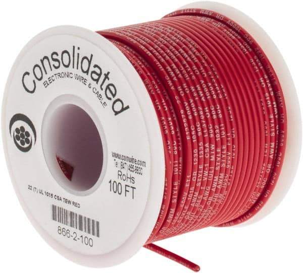 Made in USA - 22 AWG, 7 Strand, 100' OAL, Tinned Copper Hook Up Wire - Red PVC Jacket, 0.091" Diam - Exact Industrial Supply