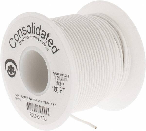 Made in USA - 18 AWG, 16 Strand, 100' OAL, Tinned Copper Hook Up Wire - White PVC Jacket, 0.08" Diam - Exact Industrial Supply