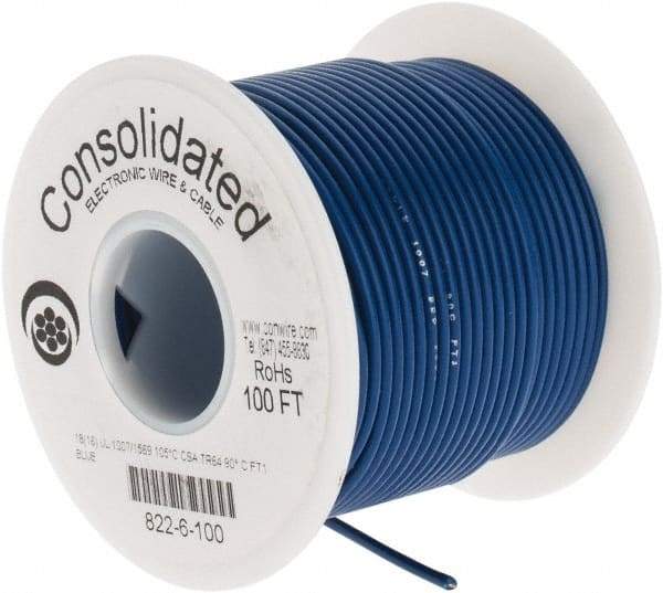 Made in USA - 18 AWG, 16 Strand, 100' OAL, Tinned Copper Hook Up Wire - Blue PVC Jacket, 0.08" Diam - Exact Industrial Supply