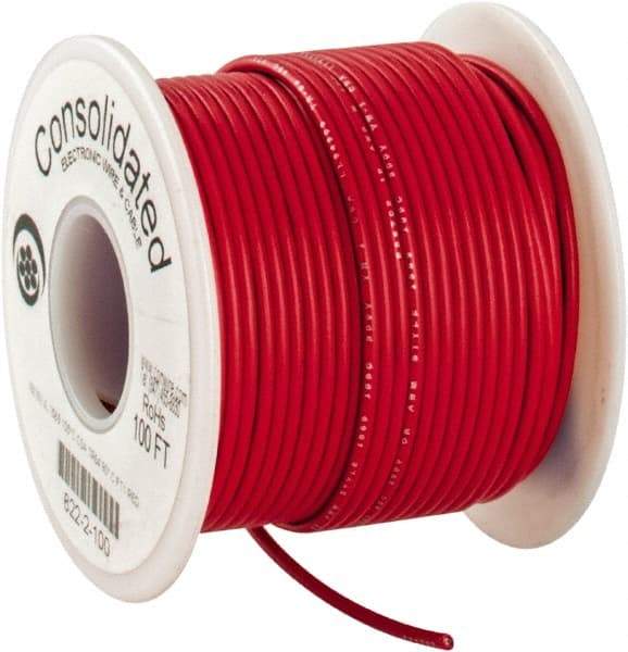 Made in USA - 18 AWG, 16 Strand, 100' OAL, Tinned Copper Hook Up Wire - Red PVC Jacket, 0.08" Diam - Exact Industrial Supply