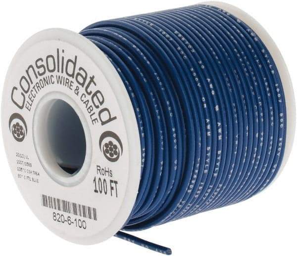 Made in USA - 20 AWG, 10 Strand, 100' OAL, Tinned Copper Hook Up Wire - Blue PVC Jacket, 0.07" Diam - Exact Industrial Supply