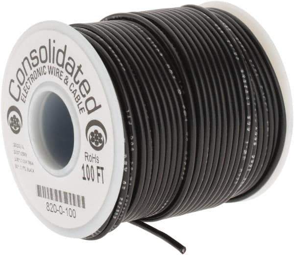 Made in USA - 20 AWG, 10 Strand, 100' OAL, Tinned Copper Hook Up Wire - Black PVC Jacket, 0.07" Diam - Exact Industrial Supply