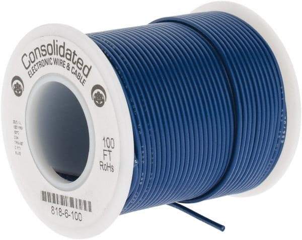 Made in USA - 22 AWG, 7 Strand, 100' OAL, Tinned Copper Hook Up Wire - Blue PVC Jacket, 0.062" Diam - Exact Industrial Supply