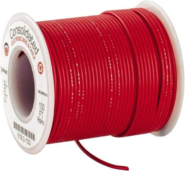 Made in USA - 22 AWG, 7 Strand, 100' OAL, Tinned Copper Hook Up Wire - Red PVC Jacket, 0.062" Diam - Exact Industrial Supply