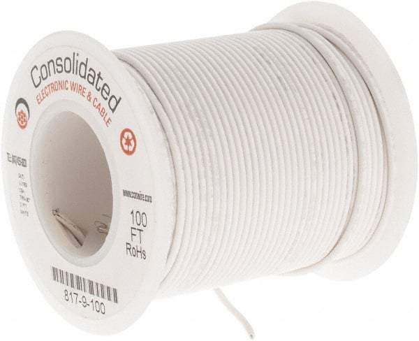 Made in USA - 24 AWG, 7 Strand, 100' OAL, Tinned Copper Hook Up Wire - White PVC Jacket, 0.056" Diam - Exact Industrial Supply