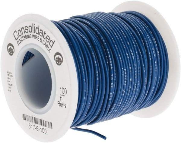 Made in USA - 24 AWG, 7 Strand, 100' OAL, Tinned Copper Hook Up Wire - Blue PVC Jacket, 0.056" Diam - Exact Industrial Supply