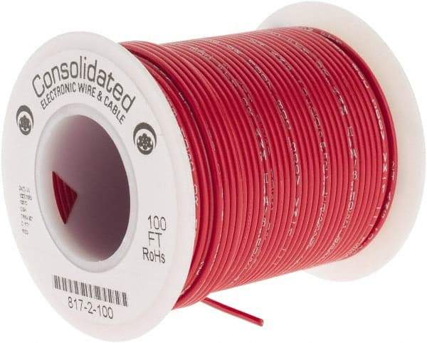 Made in USA - 24 AWG, 7 Strand, 100' OAL, Tinned Copper Hook Up Wire - Red PVC Jacket, 0.056" Diam - Exact Industrial Supply