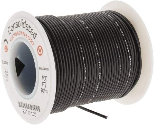 Made in USA - 24 AWG, 7 Strand, 100' OAL, Tinned Copper Hook Up Wire - Black PVC Jacket, 0.056" Diam - Exact Industrial Supply