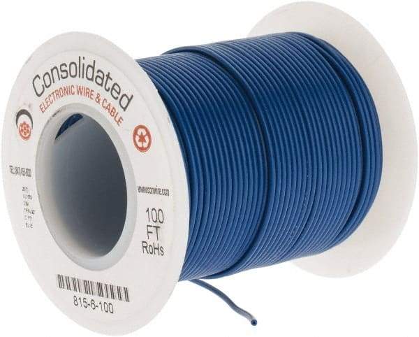 Made in USA - 26 AWG, 7 Strand, 100' OAL, Tinned Copper Hook Up Wire - Blue PVC Jacket, 0.051" Diam - Exact Industrial Supply