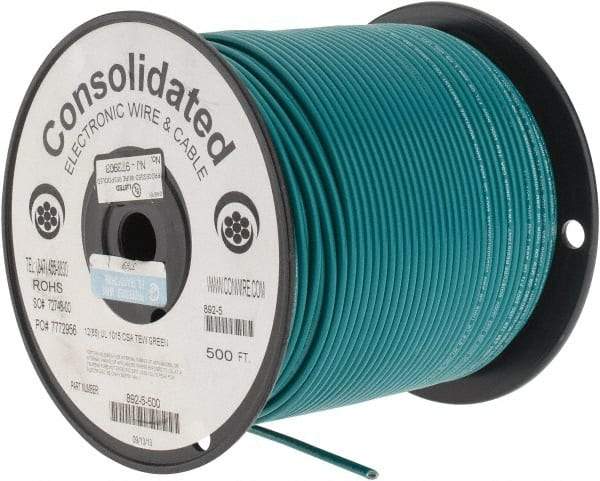 Made in USA - 12 AWG, 65 Strand, 500' OAL, Tinned Copper Hook Up Wire - Green PVC Jacket, 0.155" Diam - Exact Industrial Supply