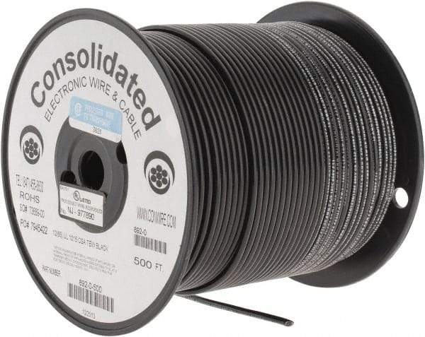 Made in USA - 12 AWG, 65 Strand, 500' OAL, Tinned Copper Hook Up Wire - Black PVC Jacket, 0.155" Diam - Exact Industrial Supply
