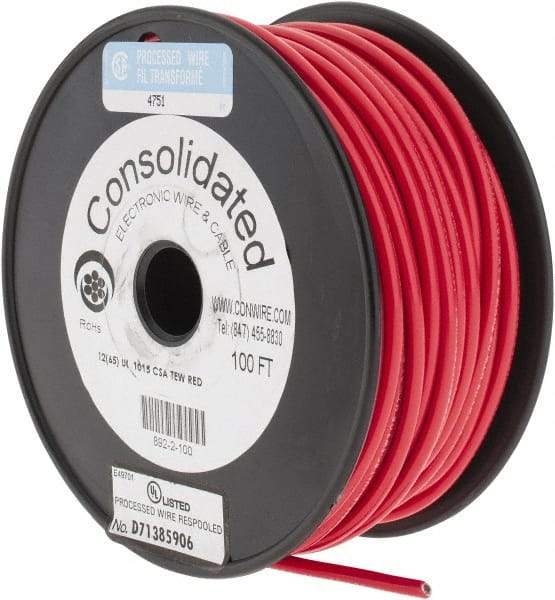 Made in USA - 12 AWG, 65 Strand, 100' OAL, Tinned Copper Hook Up Wire - Red PVC Jacket, 0.155" Diam - Exact Industrial Supply