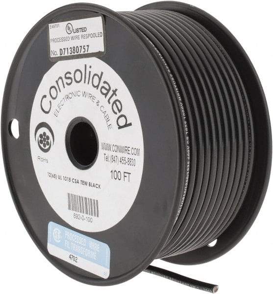 Made in USA - 12 AWG, 65 Strand, 100' OAL, Tinned Copper Hook Up Wire - Black PVC Jacket, 0.155" Diam - Exact Industrial Supply