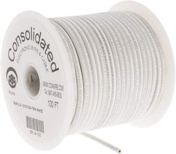 Made in USA - 14 AWG, 41 Strand, 100' OAL, Tinned Copper Hook Up Wire - White PVC Jacket, 0.136" Diam - Exact Industrial Supply