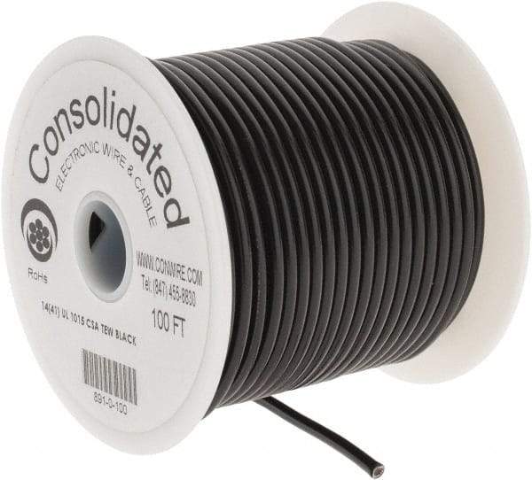 Made in USA - 14 AWG, 41 Strand, 100' OAL, Tinned Copper Hook Up Wire - Black PVC Jacket, 0.136" Diam - Exact Industrial Supply