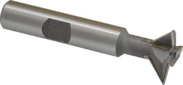 Made in USA - 3/4" Diam x 1/4" Width of Cut, 45° Included Angle, Carbide-Tipped Dovetail Cutter - 3/8" Shank Diam, 2-1/4" Overall Length, 0.02" Corner Radius, Weldon Flat, Uncoated - Exact Industrial Supply