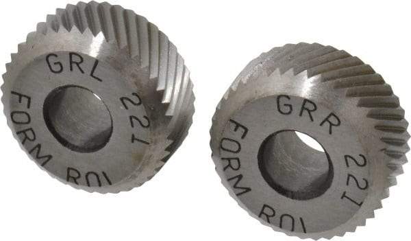 Made in USA - 5/16 Inch Face Width, 5/8 Inch Diameter, High Speed Steel Knurl Wheel Set - 7/32 Inch Hole Diameter, Beveled Face Knurl, Left and Right Hand Diagonal Pattern, Form, GR Series - Exact Industrial Supply