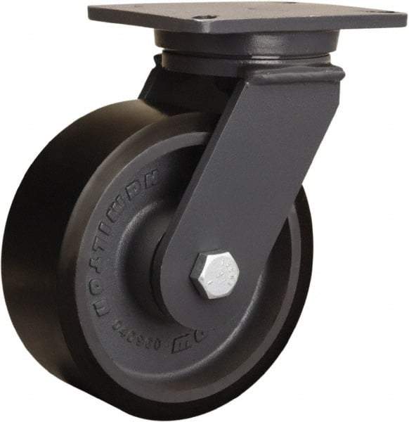 Hamilton - 8" Diam x 3" Wide x 10-1/2" OAH Top Plate Mount Swivel Caster - Polyurethane Mold onto Cast Iron Center, 3,250 Lb Capacity, Tapered Roller Bearing, 5-1/4 x 7-1/4" Plate - Exact Industrial Supply
