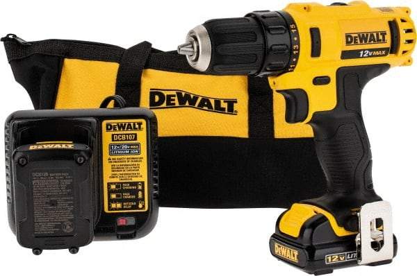 DeWALT - 12 Volt 3/8" Chuck Pistol Grip Handle Cordless Drill - 0-400 & 0-1500 RPM, Keyless Chuck, Reversible, 2 Lithium-Ion Batteries Included - Exact Industrial Supply