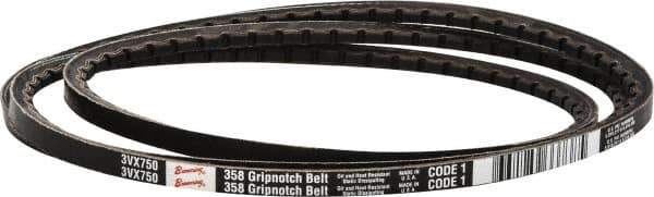 Browning - Section 3VX, 3/8" Wide, 75" Outside Length, Gripnotch V-Belt - Rubber Compound, 358 Gripnotch, No. 3VX750 - Exact Industrial Supply