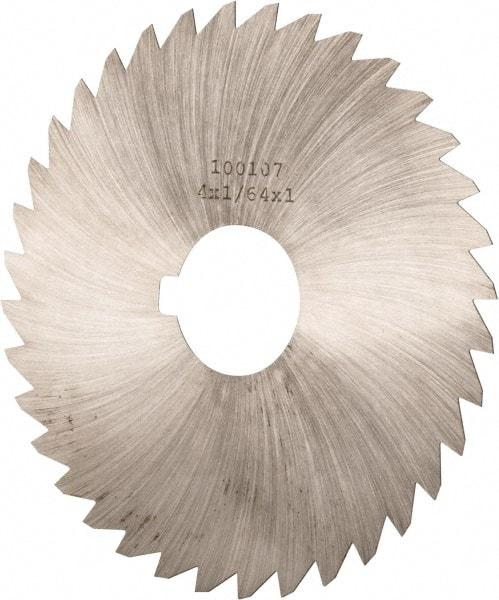 Made in USA - 4" Diam x 1/64" Blade Thickness x 1" Arbor Hole Diam, 36 Tooth Slitting and Slotting Saw - Arbor Connection, Right Hand, Uncoated, High Speed Steel, Concave Ground, Contains Keyway - Exact Industrial Supply