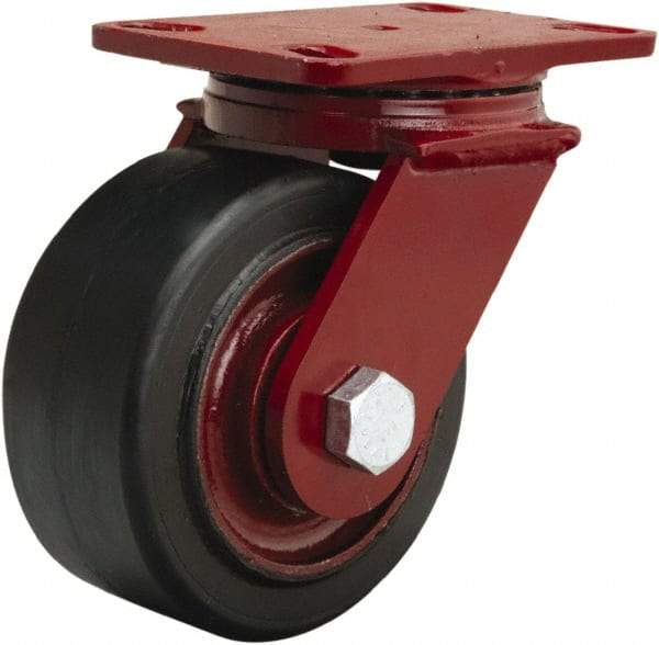 Hamilton - 6" Diam x 3" Wide x 7-1/2" OAH Top Plate Mount Swivel Caster - Rubber Mold on Cast Iron, 680 Lb Capacity, Straight Roller Bearing, 4-1/2 x 6-1/2" Plate - Exact Industrial Supply