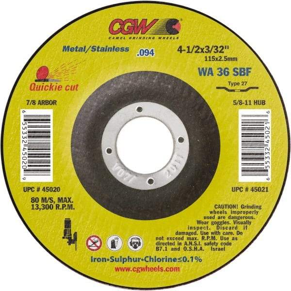Camel Grinding Wheels - 36 Grit, 6" Wheel Diam, 3/32" Wheel Thickness, Type 27 Depressed Center Wheel - Medium Grade, Aluminum Oxide, Resinoid Bond, 10,200 Max RPM - Exact Industrial Supply
